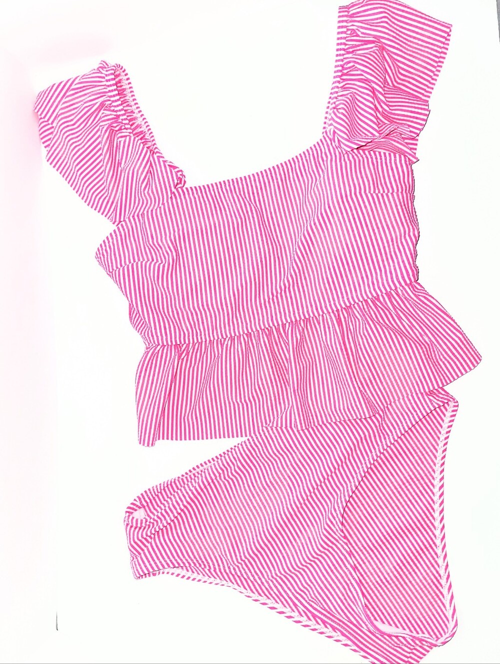NWOT Boutique Pink & White Stripe Ruffle 2 Piece Swimsuit Tankini Set Swimsuit M